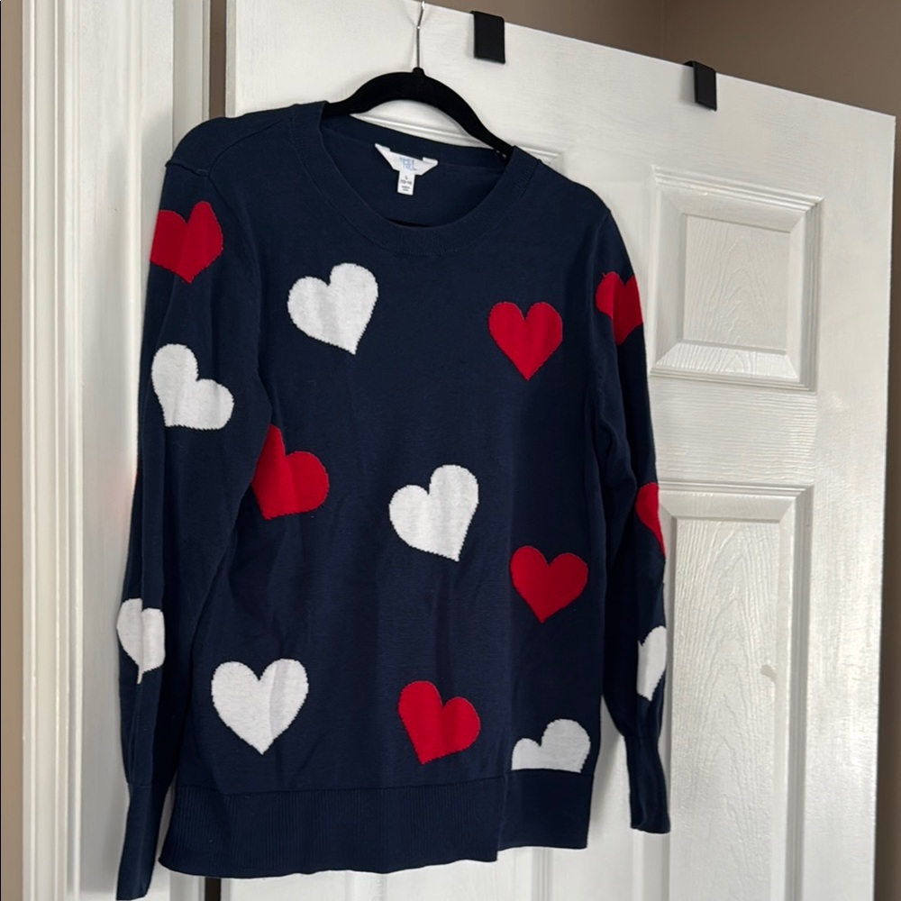 Time and Tru Blue and Red Heart Pattern Crew Neck Sweater